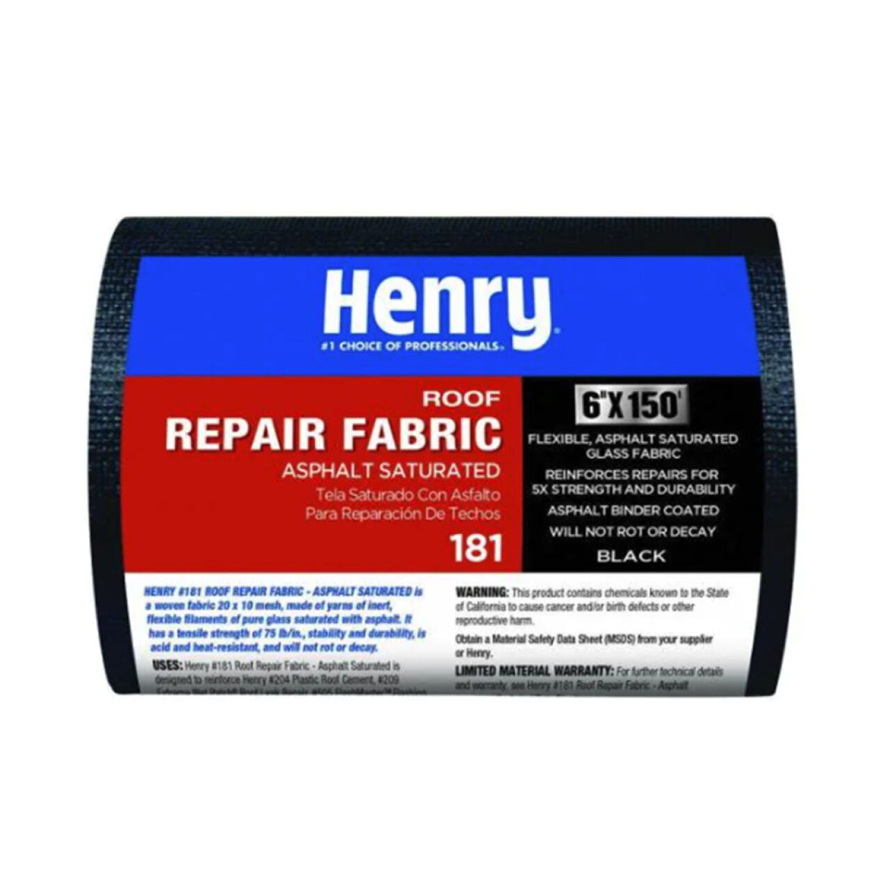 A roll of Go Build 6 in. x 150 ft. Asphalt Glass Fabric, asphalt-saturated fiberglass roofing repair fabric. The black, red, blue, and white label displays product details including 181 and will not rot or decay.
